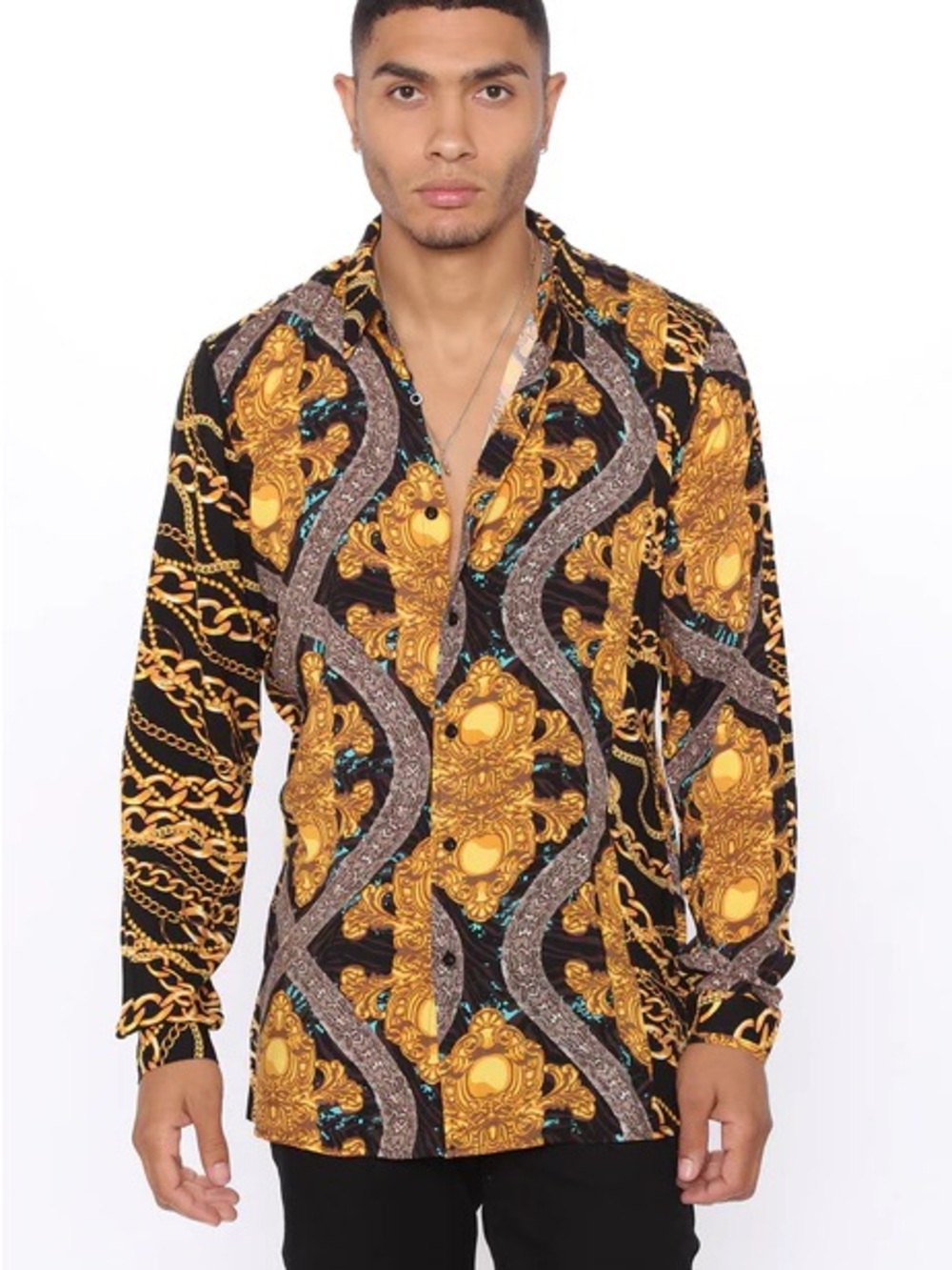 Fashion Nova Black & Gold Baroque Print Button-Down Shirt